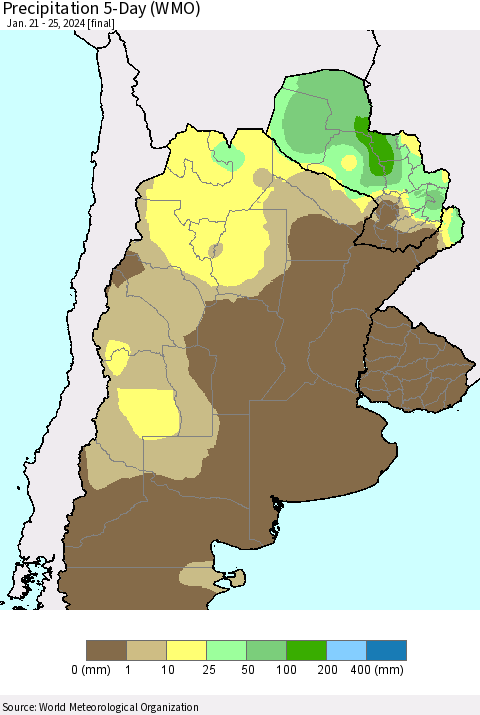 Southern South America Precipitation 5-Day (WMO) Thematic Map For 1/21/2024 - 1/25/2024