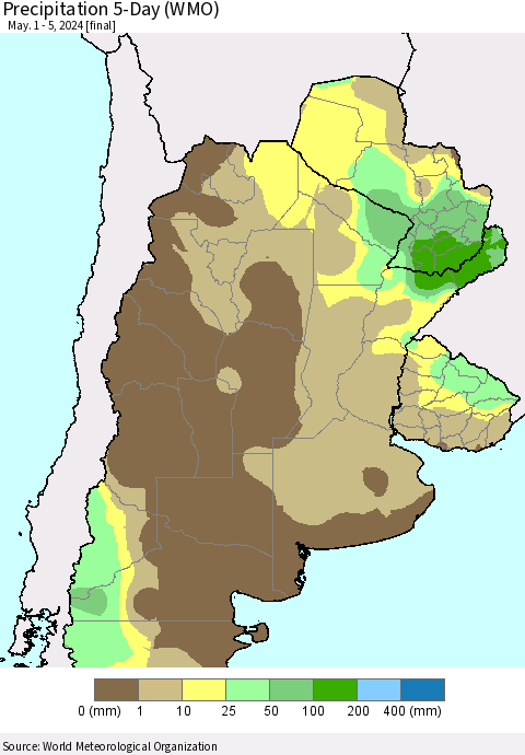 Southern South America Precipitation 5-Day (WMO) Thematic Map For 5/1/2024 - 5/5/2024