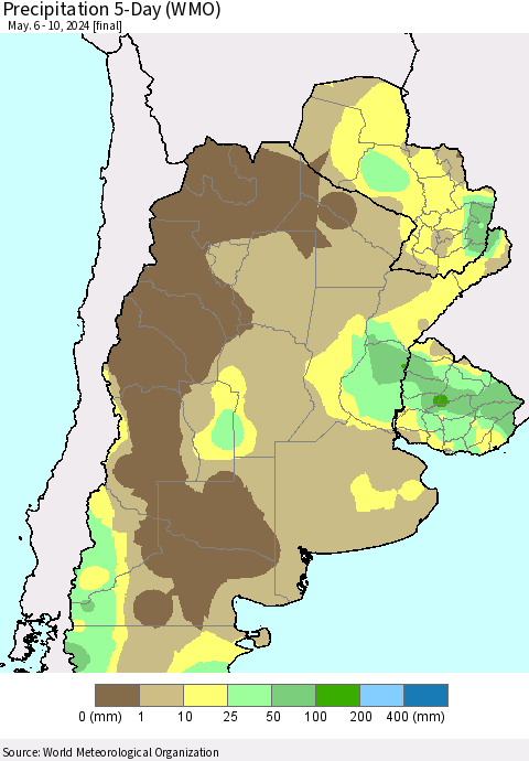 Southern South America Precipitation 5-Day (WMO) Thematic Map For 5/6/2024 - 5/10/2024