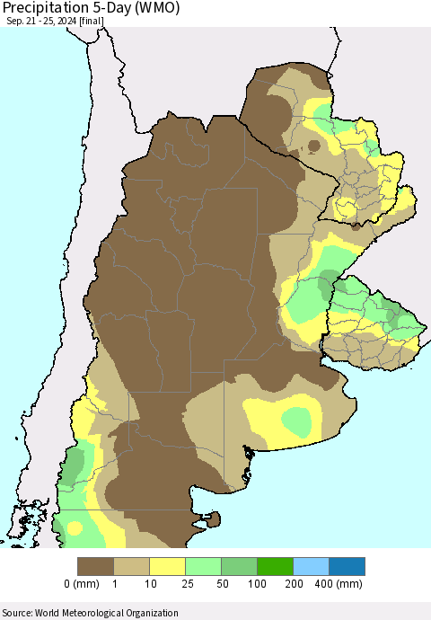 Southern South America Precipitation 5-Day (WMO) Thematic Map For 9/21/2024 - 9/25/2024