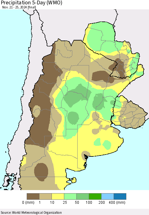 Southern South America Precipitation 5-Day (WMO) Thematic Map For 11/21/2024 - 11/25/2024