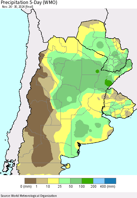 Southern South America Precipitation 5-Day (WMO) Thematic Map For 11/26/2024 - 11/30/2024