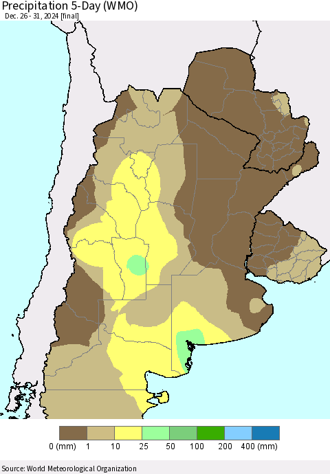 Southern South America Precipitation 5-Day (WMO) Thematic Map For 12/26/2024 - 12/31/2024