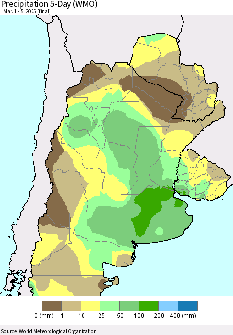 Southern South America Precipitation 5-Day (WMO) Thematic Map For 3/1/2025 - 3/5/2025