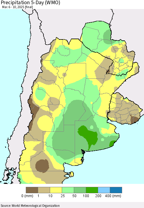 Southern South America Precipitation 5-Day (WMO) Thematic Map For 3/6/2025 - 3/10/2025