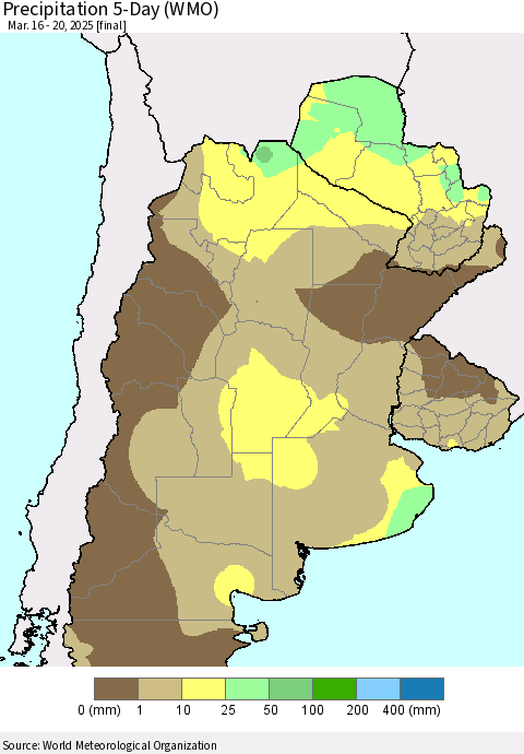Southern South America Precipitation 5-Day (WMO) Thematic Map For 3/16/2025 - 3/20/2025