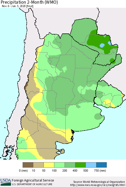 Southern South America Precipitation 2-Month (WMO) Thematic Map For 11/6/2019 - 1/5/2020