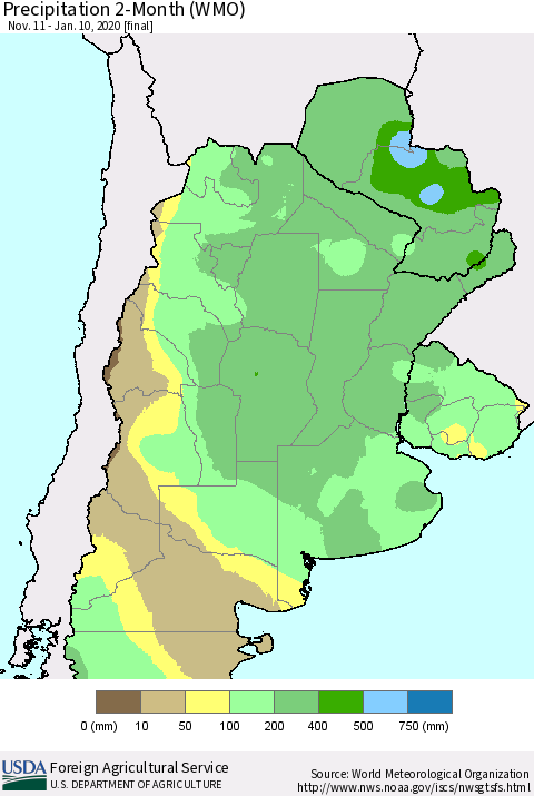 Southern South America Precipitation 2-Month (WMO) Thematic Map For 11/11/2019 - 1/10/2020