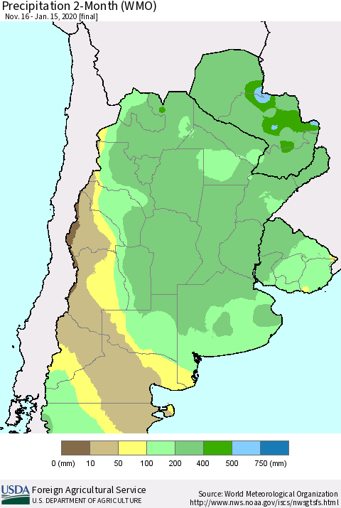Southern South America Precipitation 2-Month (WMO) Thematic Map For 11/16/2019 - 1/15/2020
