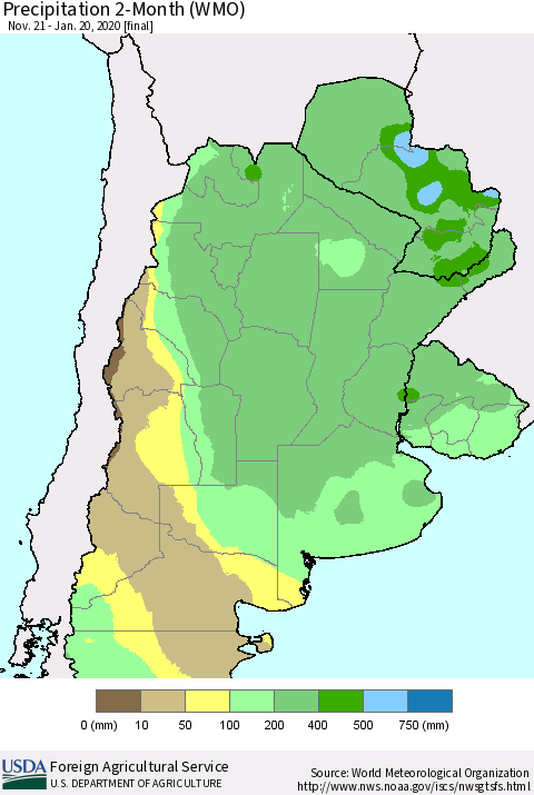 Southern South America Precipitation 2-Month (WMO) Thematic Map For 11/21/2019 - 1/20/2020