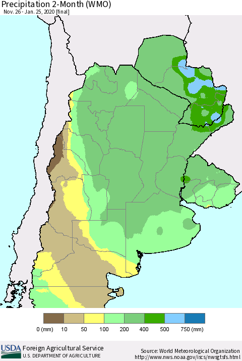 Southern South America Precipitation 2-Month (WMO) Thematic Map For 11/26/2019 - 1/25/2020