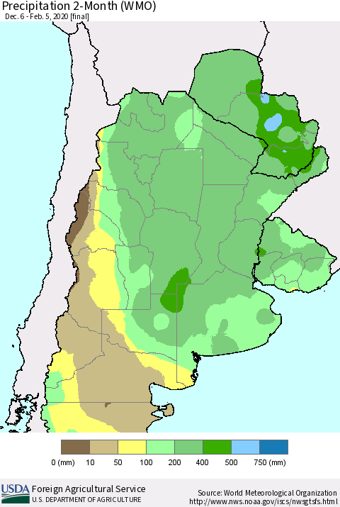Southern South America Precipitation 2-Month (WMO) Thematic Map For 12/6/2019 - 2/5/2020