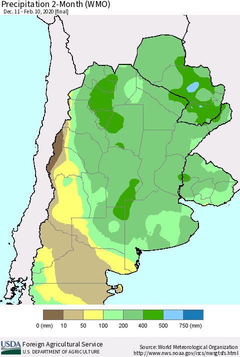 Southern South America Precipitation 2-Month (WMO) Thematic Map For 12/11/2019 - 2/10/2020