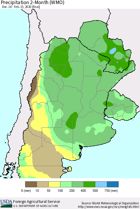 Southern South America Precipitation 2-Month (WMO) Thematic Map For 12/16/2019 - 2/15/2020