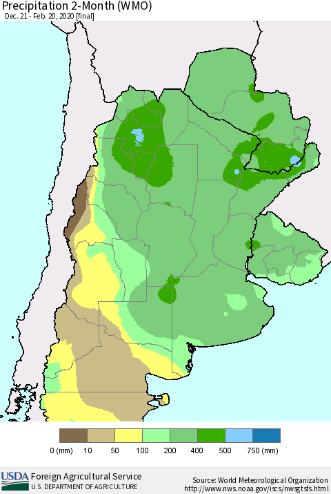 Southern South America Precipitation 2-Month (WMO) Thematic Map For 12/21/2019 - 2/20/2020