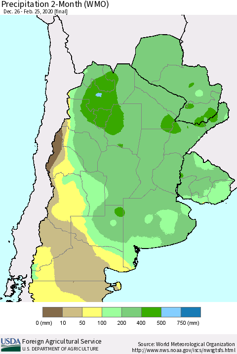 Southern South America Precipitation 2-Month (WMO) Thematic Map For 12/26/2019 - 2/25/2020