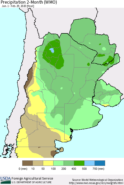 Southern South America Precipitation 2-Month (WMO) Thematic Map For 1/1/2020 - 2/29/2020