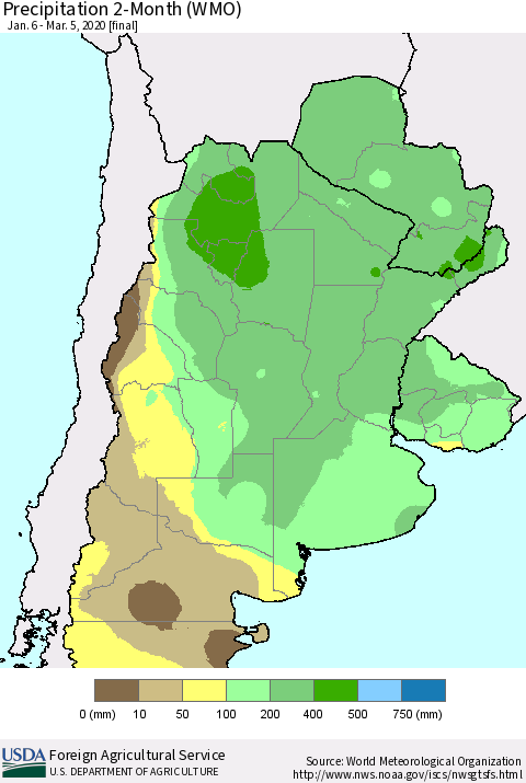 Southern South America Precipitation 2-Month (WMO) Thematic Map For 1/6/2020 - 3/5/2020