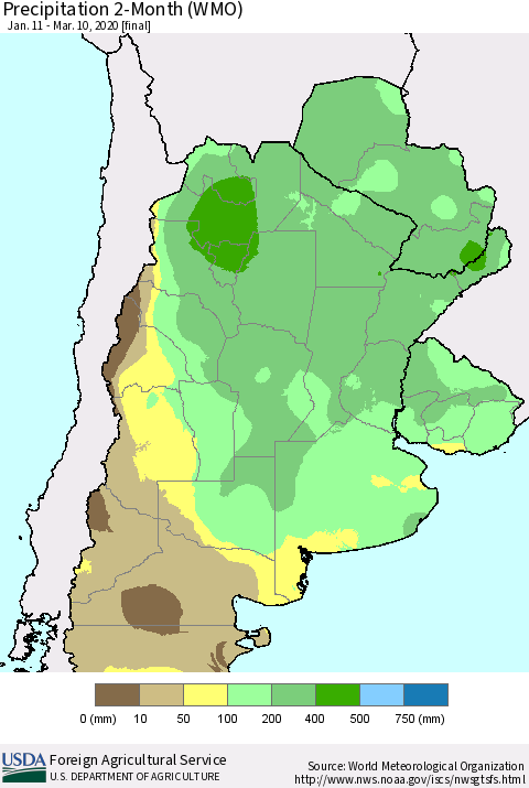 Southern South America Precipitation 2-Month (WMO) Thematic Map For 1/11/2020 - 3/10/2020