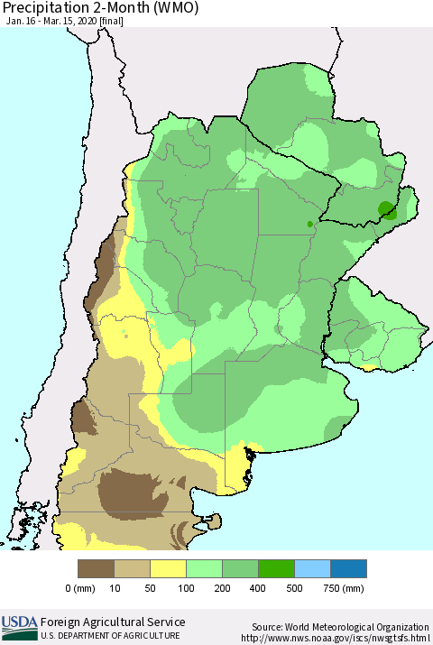 Southern South America Precipitation 2-Month (WMO) Thematic Map For 1/16/2020 - 3/15/2020