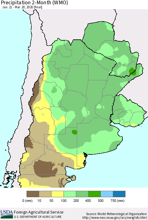 Southern South America Precipitation 2-Month (WMO) Thematic Map For 1/21/2020 - 3/20/2020
