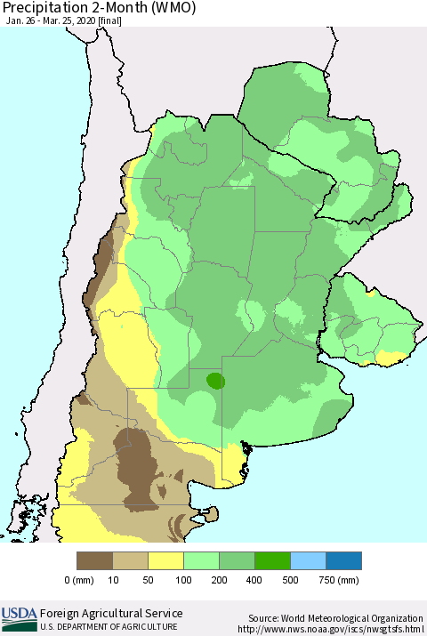 Southern South America Precipitation 2-Month (WMO) Thematic Map For 1/26/2020 - 3/25/2020