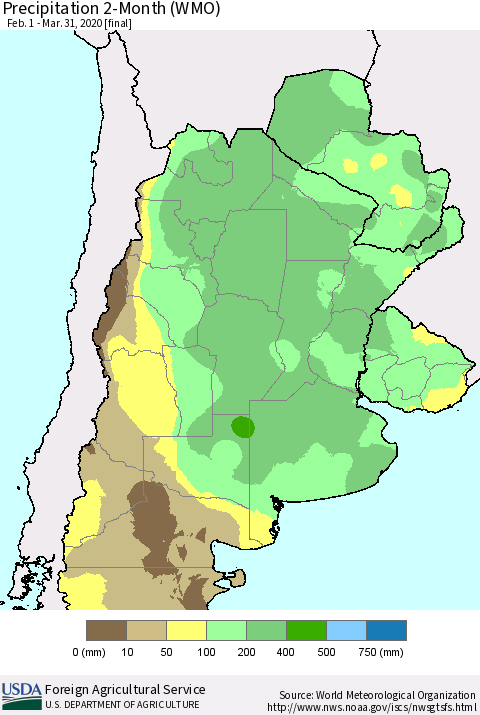 Southern South America Precipitation 2-Month (WMO) Thematic Map For 2/1/2020 - 3/31/2020