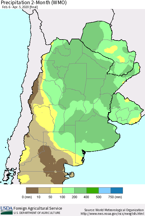 Southern South America Precipitation 2-Month (WMO) Thematic Map For 2/6/2020 - 4/5/2020