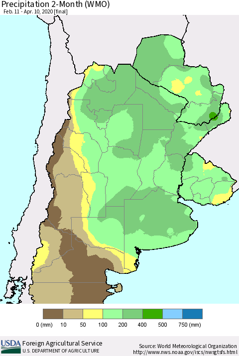 Southern South America Precipitation 2-Month (WMO) Thematic Map For 2/11/2020 - 4/10/2020