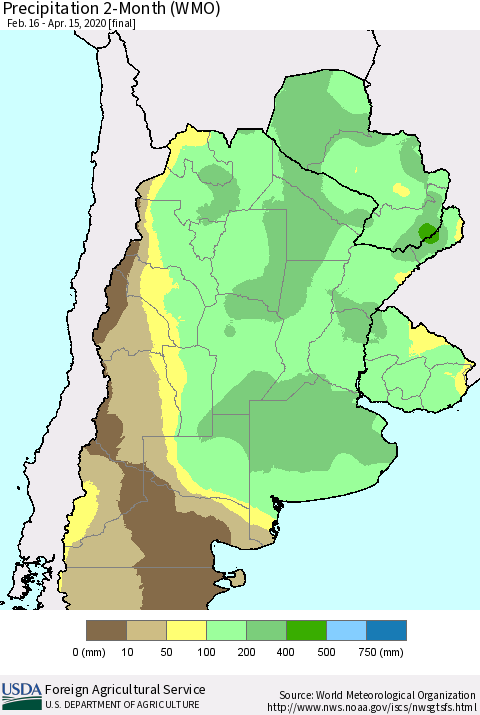 Southern South America Precipitation 2-Month (WMO) Thematic Map For 2/16/2020 - 4/15/2020