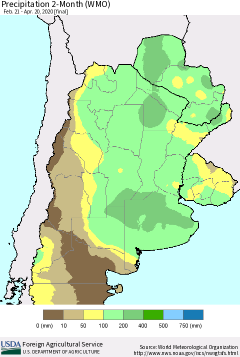 Southern South America Precipitation 2-Month (WMO) Thematic Map For 2/21/2020 - 4/20/2020