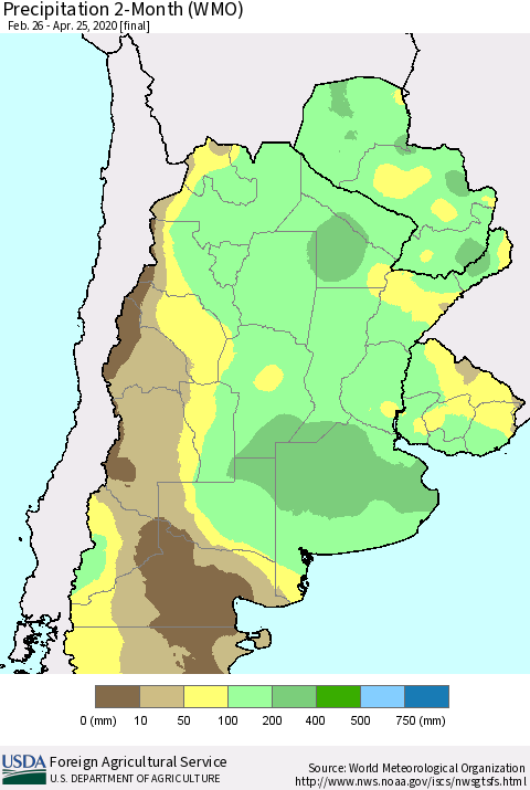 Southern South America Precipitation 2-Month (WMO) Thematic Map For 2/26/2020 - 4/25/2020