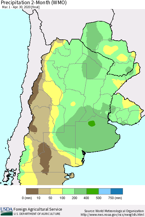 Southern South America Precipitation 2-Month (WMO) Thematic Map For 3/1/2020 - 4/30/2020
