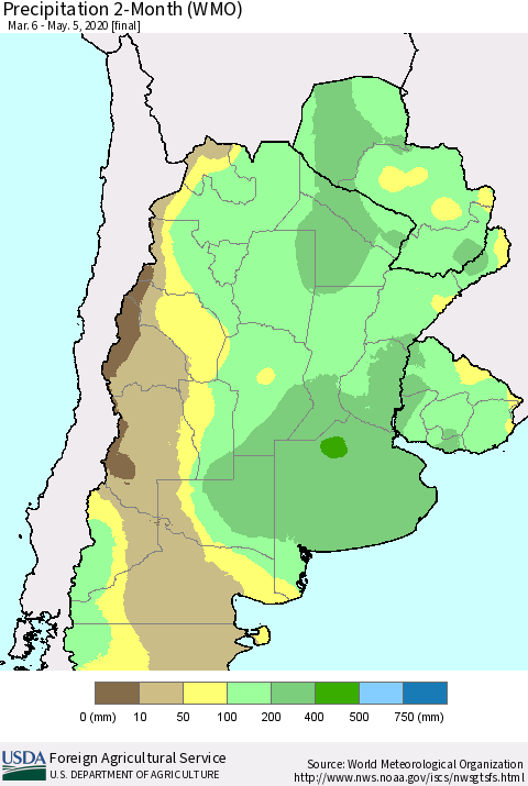 Southern South America Precipitation 2-Month (WMO) Thematic Map For 3/6/2020 - 5/5/2020