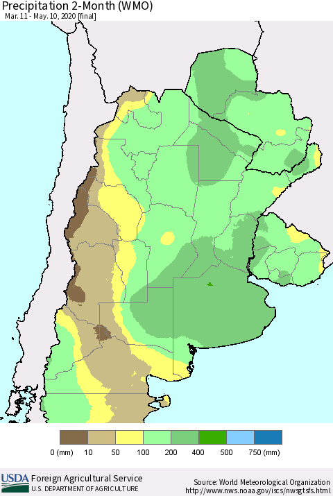 Southern South America Precipitation 2-Month (WMO) Thematic Map For 3/11/2020 - 5/10/2020