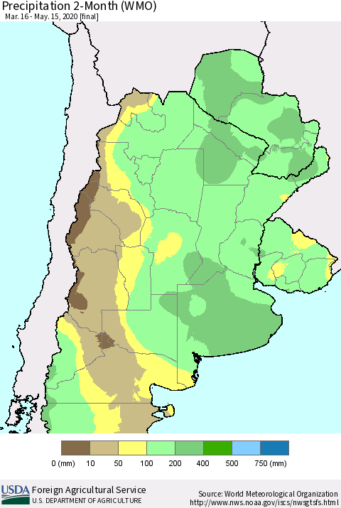 Southern South America Precipitation 2-Month (WMO) Thematic Map For 3/16/2020 - 5/15/2020