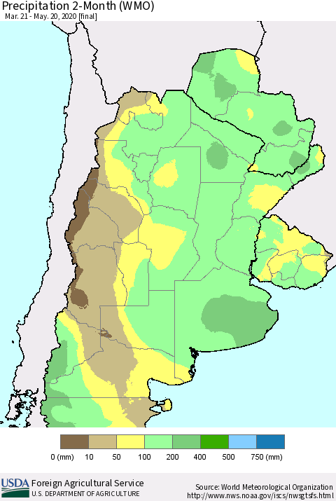 Southern South America Precipitation 2-Month (WMO) Thematic Map For 3/21/2020 - 5/20/2020