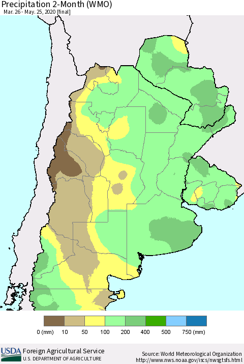 Southern South America Precipitation 2-Month (WMO) Thematic Map For 3/26/2020 - 5/25/2020
