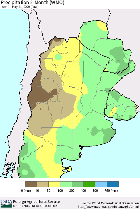 Southern South America Precipitation 2-Month (WMO) Thematic Map For 4/1/2020 - 5/31/2020