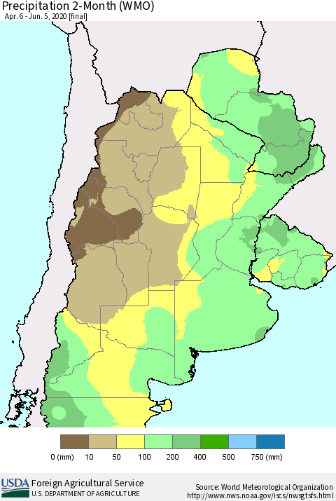 Southern South America Precipitation 2-Month (WMO) Thematic Map For 4/6/2020 - 6/5/2020