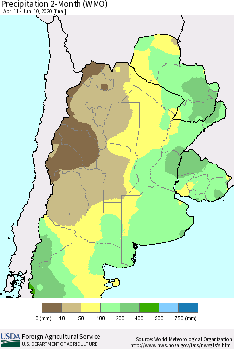 Southern South America Precipitation 2-Month (WMO) Thematic Map For 4/11/2020 - 6/10/2020