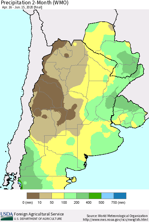 Southern South America Precipitation 2-Month (WMO) Thematic Map For 4/16/2020 - 6/15/2020