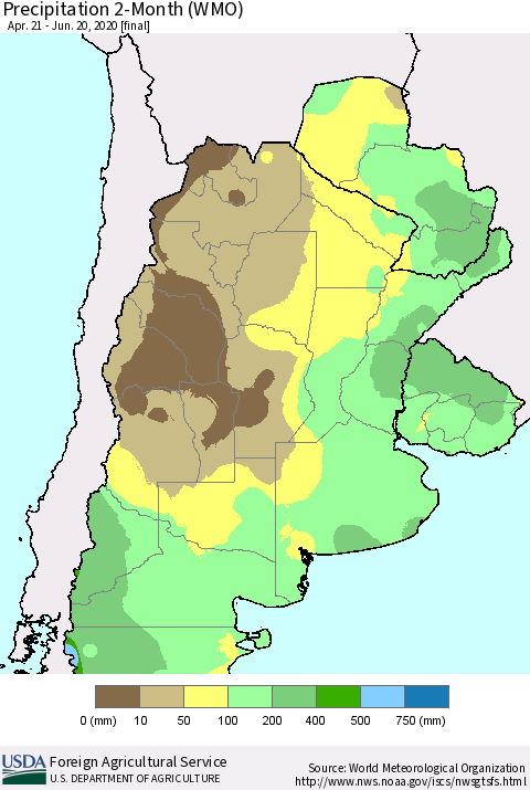 Southern South America Precipitation 2-Month (WMO) Thematic Map For 4/21/2020 - 6/20/2020