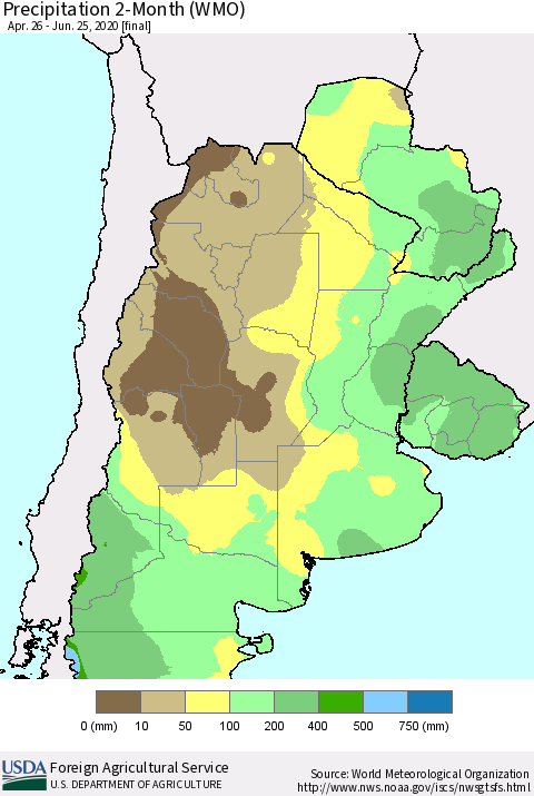 Southern South America Precipitation 2-Month (WMO) Thematic Map For 4/26/2020 - 6/25/2020