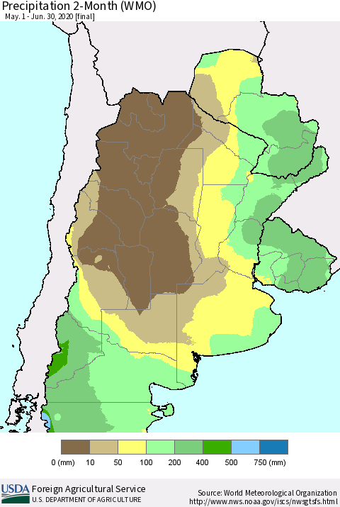 Southern South America Precipitation 2-Month (WMO) Thematic Map For 5/1/2020 - 6/30/2020