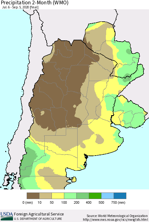 Southern South America Precipitation 2-Month (WMO) Thematic Map For 7/6/2020 - 9/5/2020
