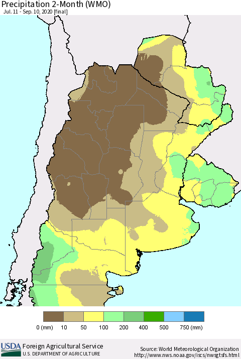 Southern South America Precipitation 2-Month (WMO) Thematic Map For 7/11/2020 - 9/10/2020
