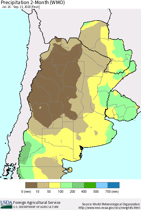 Southern South America Precipitation 2-Month (WMO) Thematic Map For 7/16/2020 - 9/15/2020