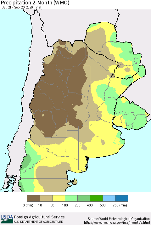 Southern South America Precipitation 2-Month (WMO) Thematic Map For 7/21/2020 - 9/20/2020