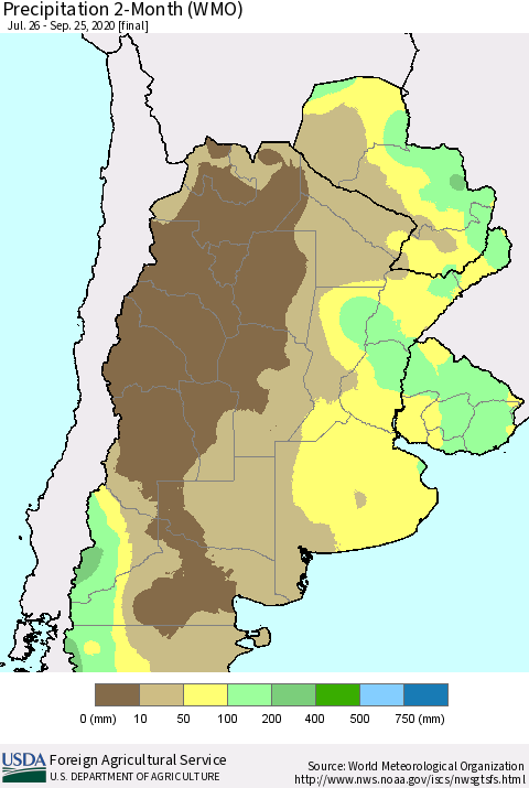 Southern South America Precipitation 2-Month (WMO) Thematic Map For 7/26/2020 - 9/25/2020